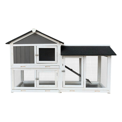 Wooden Outdoor Hutch with Running Cage and Removable Ramp Tray- Gray_3