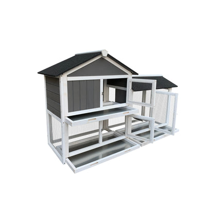 Wooden Outdoor Hutch with Running Cage and Removable Ramp Tray- Gray_8