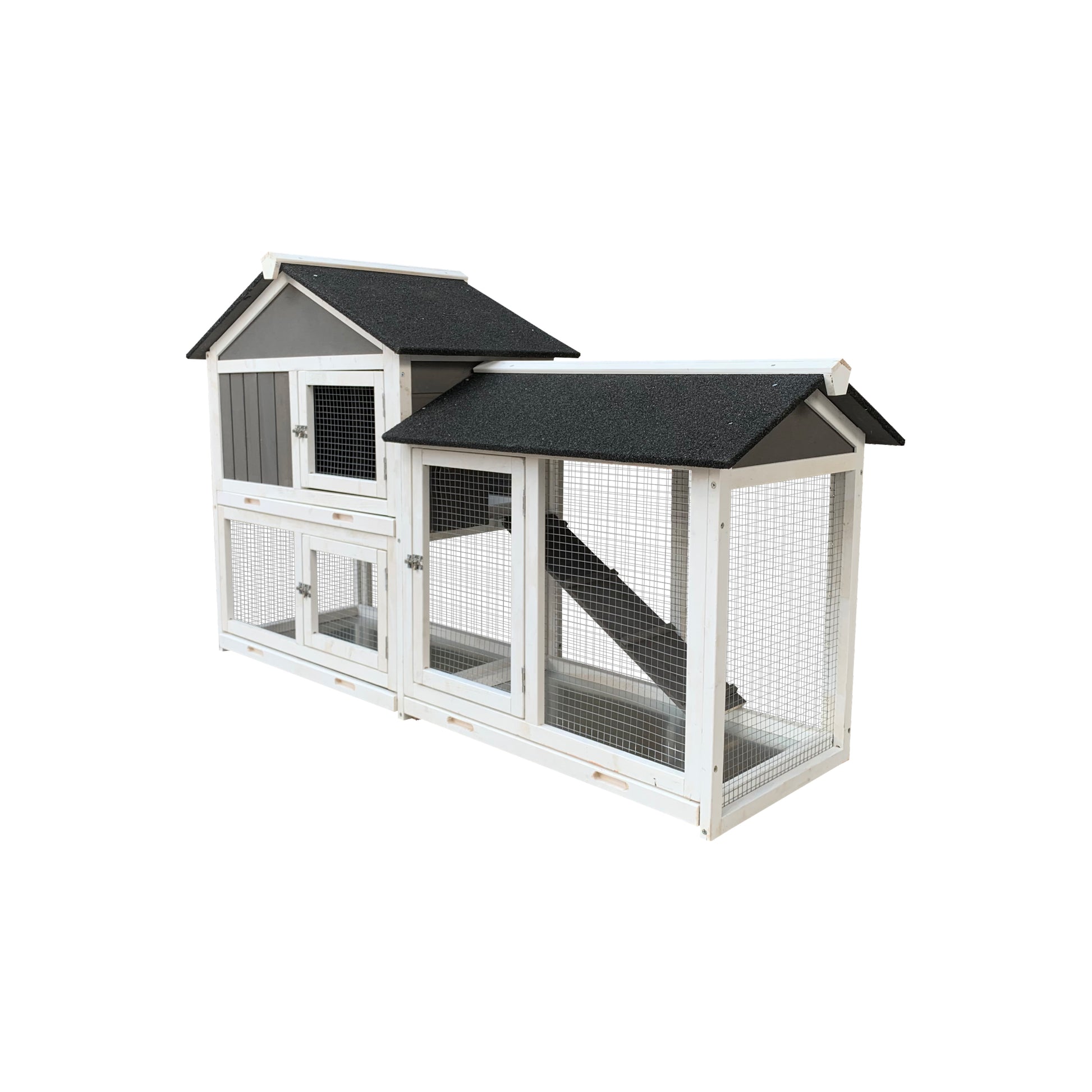 Wooden Outdoor Hutch with Running Cage and Removable Ramp Tray- Gray_5