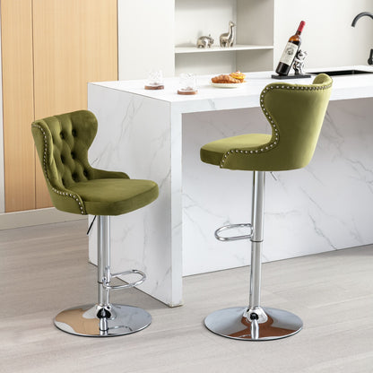 Set of 2 Modern Upholstered Tufted Velvet Armless Bar Stools with Chrome Details- Olive Green_14