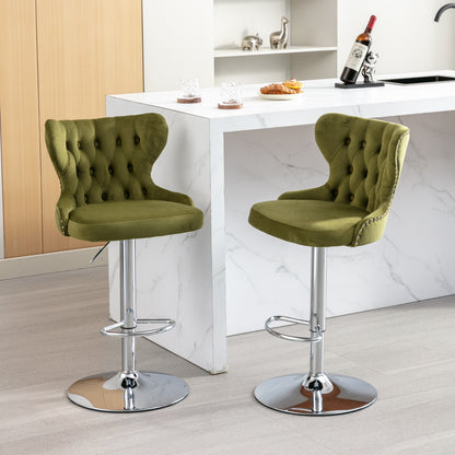 Set of 2 Modern Upholstered Tufted Velvet Armless Bar Stools with Chrome Details- Olive Green_13