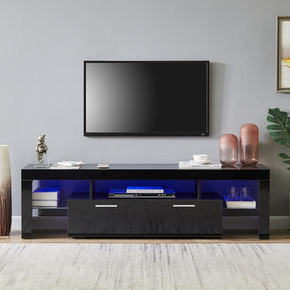 Easy Assembly High Glossy Front TV Stand with Storage Drawers and LED Light - Black_0