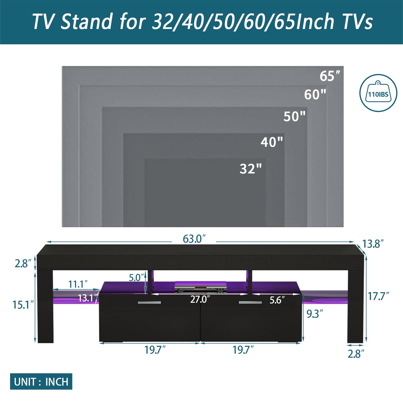Easy Assembly High Glossy Front TV Stand with Storage Drawers and LED Light - Black_5