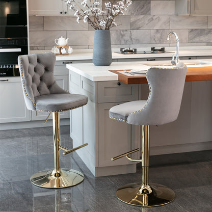 Set of 2 Modern Upholstered Tufted Velvet Armless Bar Stools with Gold Details- Grey_2