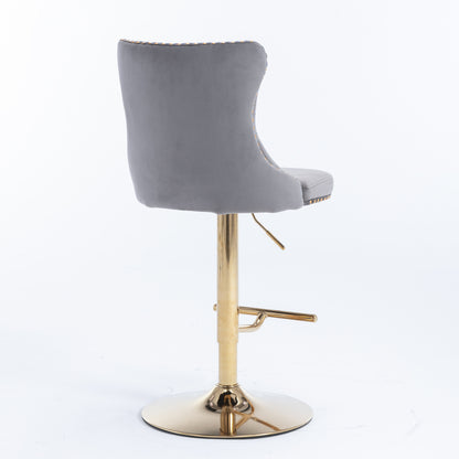 Set of 2 Modern Upholstered Tufted Velvet Armless Bar Stools with Gold Details- Grey_10