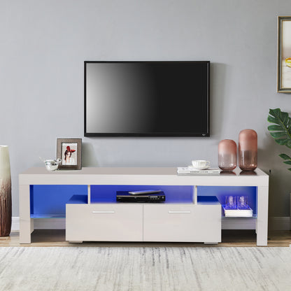 Easy Assembly High Glossy Front TV Stand with Storage Drawers and LED Light - White_1