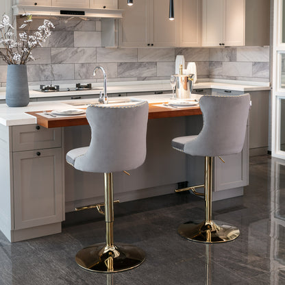 Set of 2 Modern Upholstered Tufted Velvet Armless Bar Stools with Gold Details- Grey_5