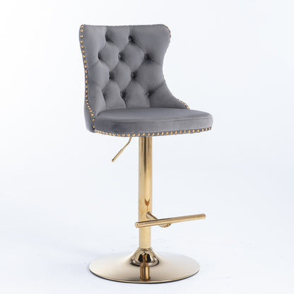 Set of 2 Modern Upholstered Tufted Velvet Armless Bar Stools with Gold Details- Grey_7