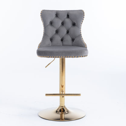 Set of 2 Modern Upholstered Tufted Velvet Armless Bar Stools with Gold Details- Grey_6