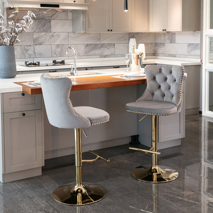 Set of 2 Modern Upholstered Tufted Velvet Armless Bar Stools with Gold Details- Grey_4