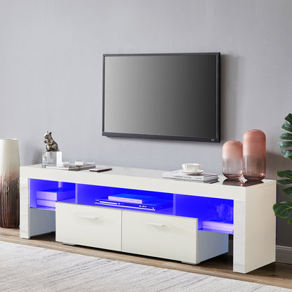 Easy Assembly High Glossy Front TV Stand with Storage Drawers and LED Light - White_2