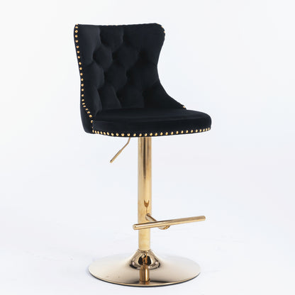 Set of 2 Modern Upholstered Tufted Velvet Armless Bar Stools with Gold Details- Black_7