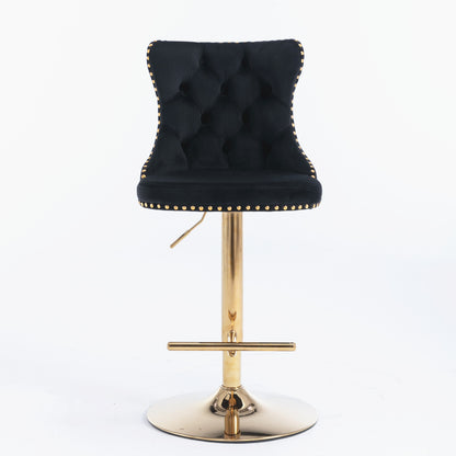 Set of 2 Modern Upholstered Tufted Velvet Armless Bar Stools with Gold Details- Black_6