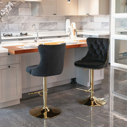 Set of 2 Modern Upholstered Tufted Velvet Armless Bar Stools with Gold Details- Black_3