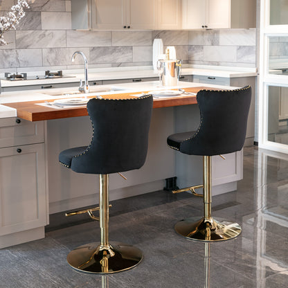 Set of 2 Modern Upholstered Tufted Velvet Armless Bar Stools with Gold Details- Black_5