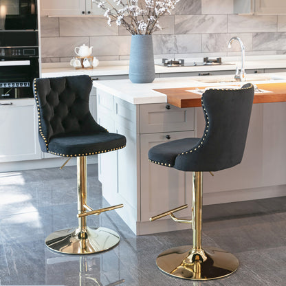 Set of 2 Modern Upholstered Tufted Velvet Armless Bar Stools with Gold Details- Black_2
