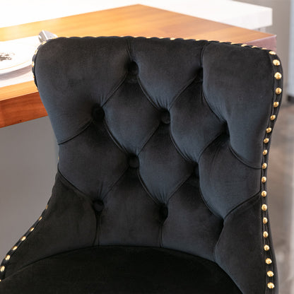 Set of 2 Modern Upholstered Tufted Velvet Armless Bar Stools with Gold Details- Black_13