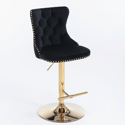 Set of 2 Modern Upholstered Tufted Velvet Armless Bar Stools with Gold Details- Black_8