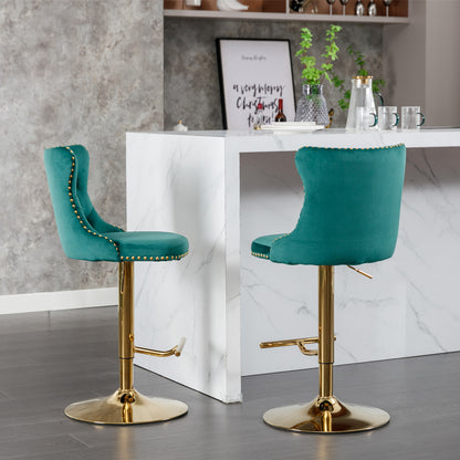 Set of 2 Modern Upholstered Tufted Velvet Armless Bar Stools with Gold Details- Green_4