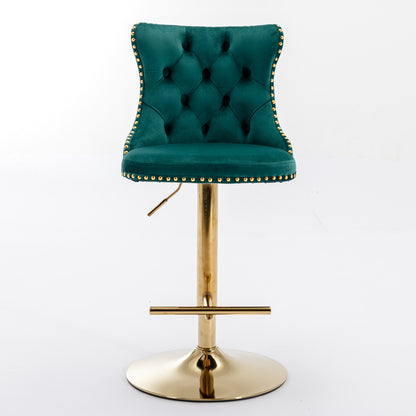 Set of 2 Modern Upholstered Tufted Velvet Armless Bar Stools with Gold Details- Green_9