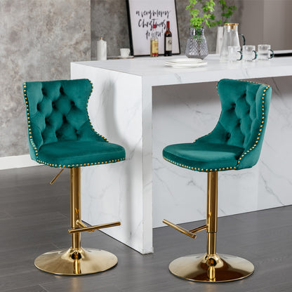 Set of 2 Modern Upholstered Tufted Velvet Armless Bar Stools with Gold Details- Green_2