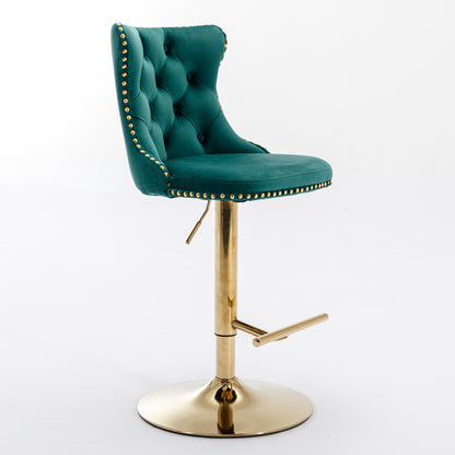 Set of 2 Modern Upholstered Tufted Velvet Armless Bar Stools with Gold Details- Green_10
