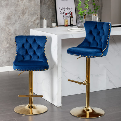 Set of 2 Modern Upholstered Tufted Velvet Armless Bar Stools with Gold Details- Blue_1
