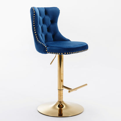 Set of 2 Modern Upholstered Tufted Velvet Armless Bar Stools with Gold Details- Blue_6