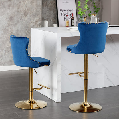 Set of 2 Modern Upholstered Tufted Velvet Armless Bar Stools with Gold Details- Blue_4