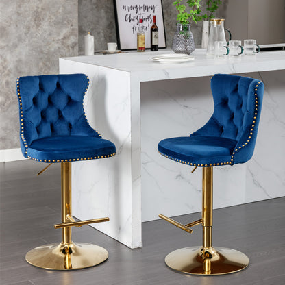 Set of 2 Modern Upholstered Tufted Velvet Armless Bar Stools with Gold Details- Blue_2