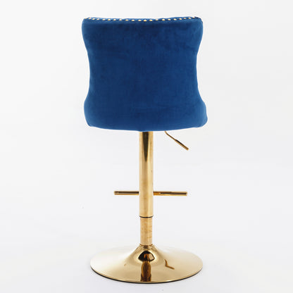 Set of 2 Modern Upholstered Tufted Velvet Armless Bar Stools with Gold Details- Blue_9