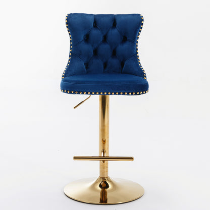 Set of 2 Modern Upholstered Tufted Velvet Armless Bar Stools with Gold Details- Blue_5