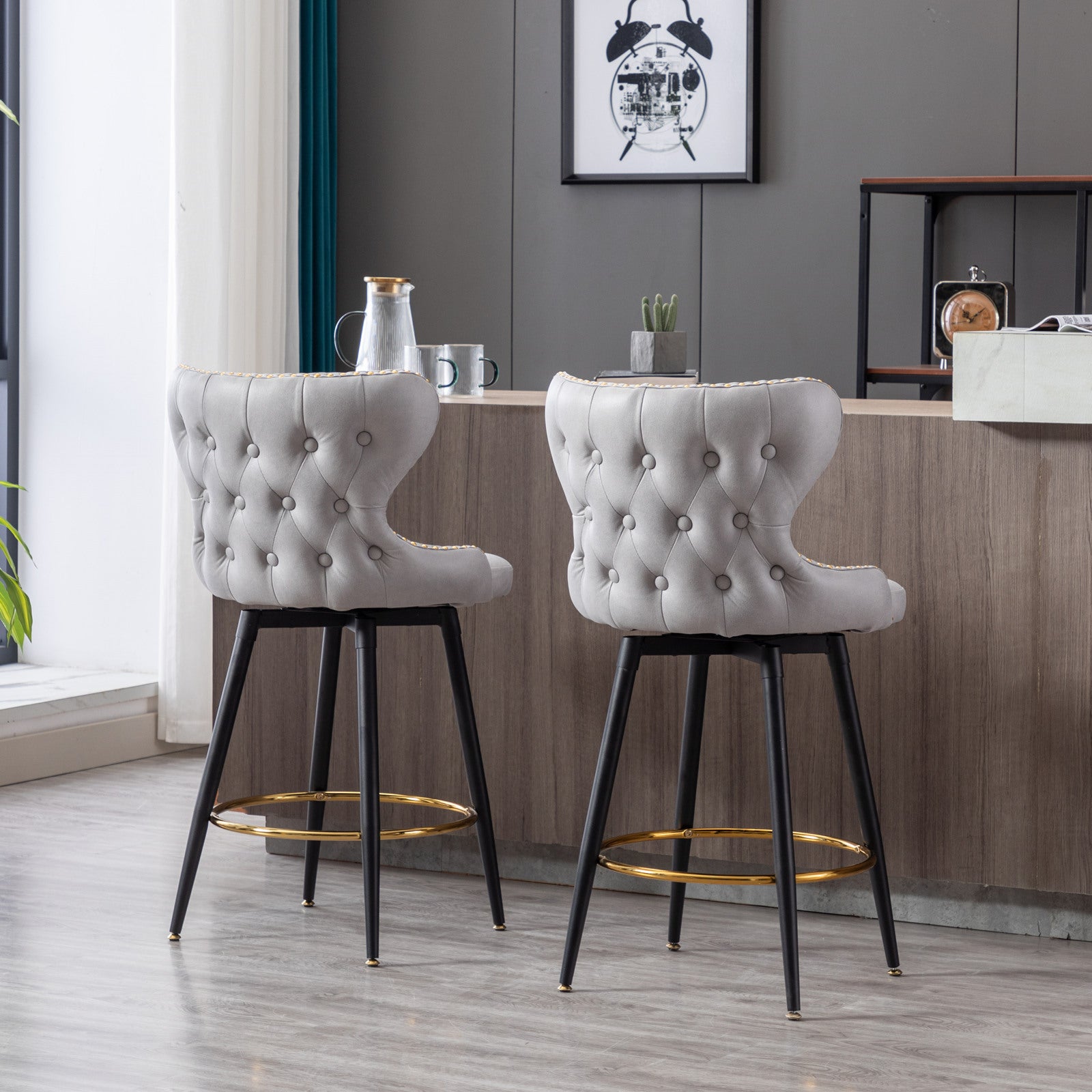 2pcs Gold Accent Bar Stools Tufted Fabric Upholstery with Nailhead Lining and Metal Legs- Light Gray_13