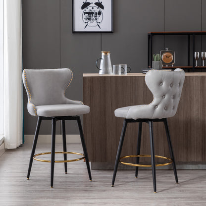 2pcs Gold Accent Bar Stools Tufted Fabric Upholstery with Nailhead Lining and Metal Legs- Light Gray_1
