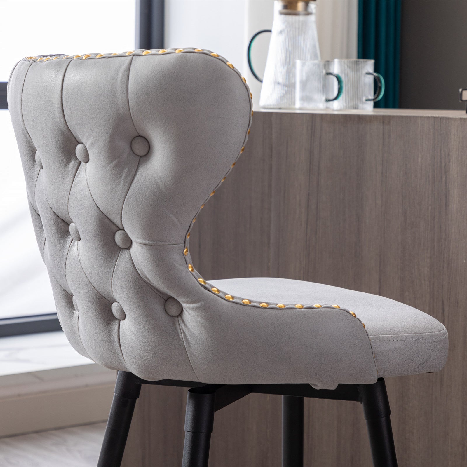 2pcs Gold Accent Bar Stools Tufted Fabric Upholstery with Nailhead Lining and Metal Legs- Light Gray_11