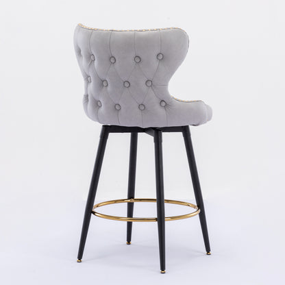 2pcs Gold Accent Bar Stools Tufted Fabric Upholstery with Nailhead Lining and Metal Legs- Light Gray_5