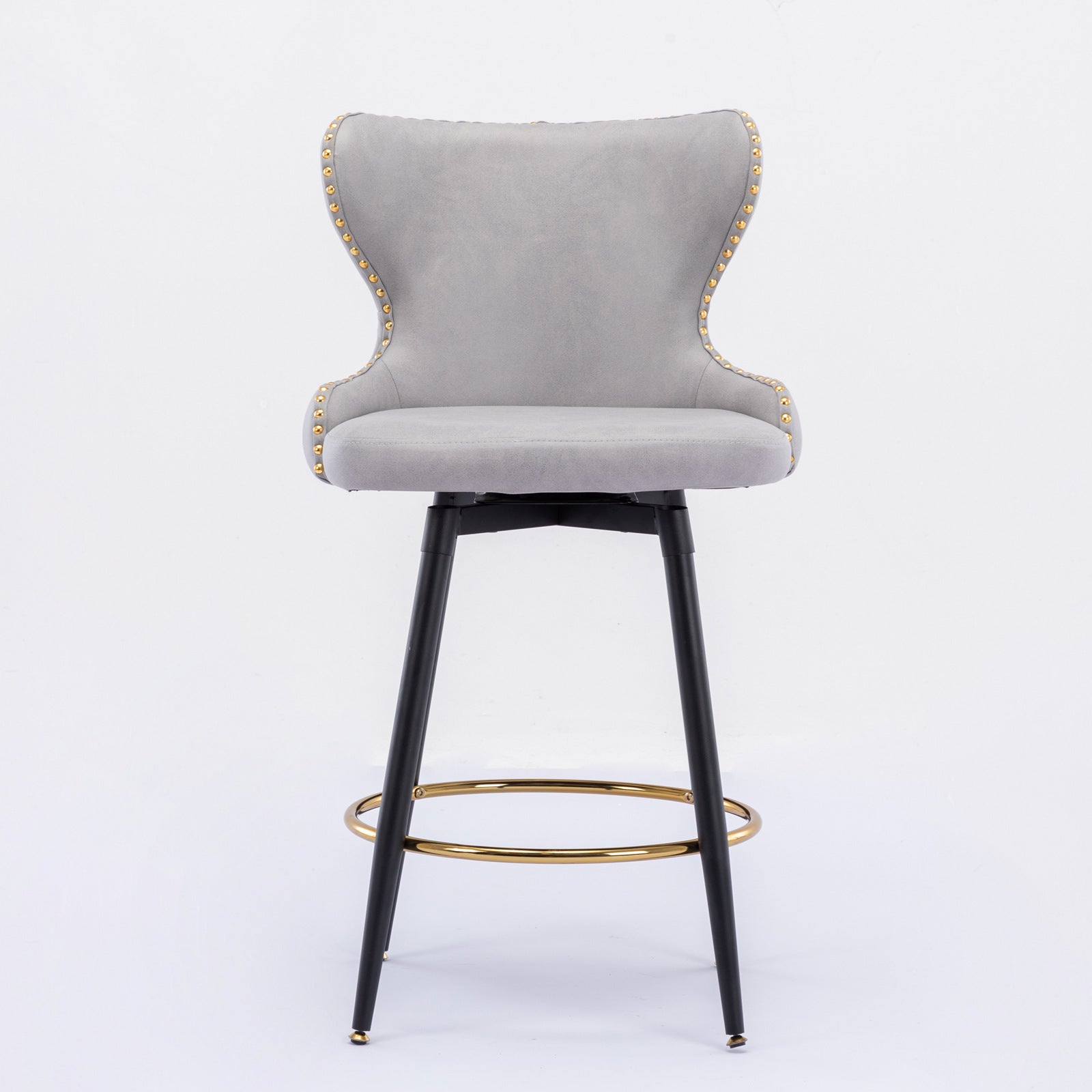 2pcs Gold Accent Bar Stools Tufted Fabric Upholstery with Nailhead Lining and Metal Legs- Light Gray_2
