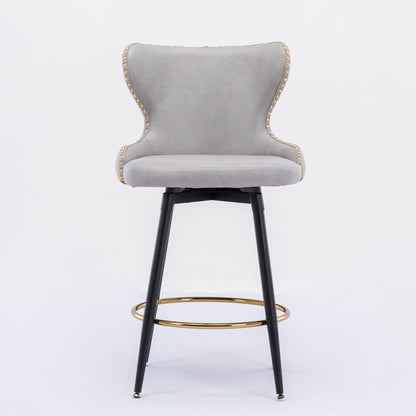 2pcs Gold Accent Bar Stools Tufted Fabric Upholstery with Nailhead Lining and Metal Legs- Light Gray_2