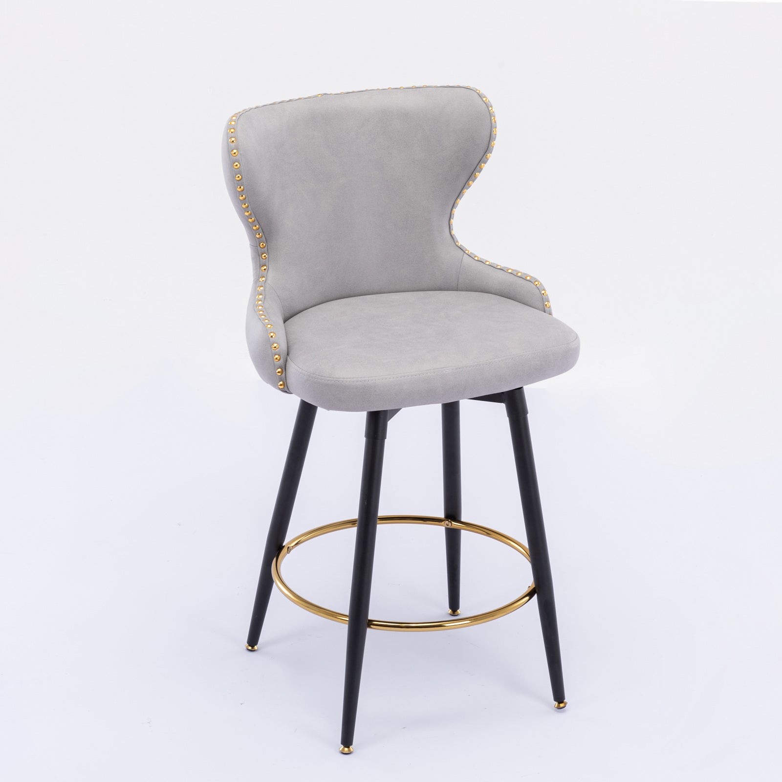 2pcs Gold Accent Bar Stools Tufted Fabric Upholstery with Nailhead Lining and Metal Legs- Light Gray_3