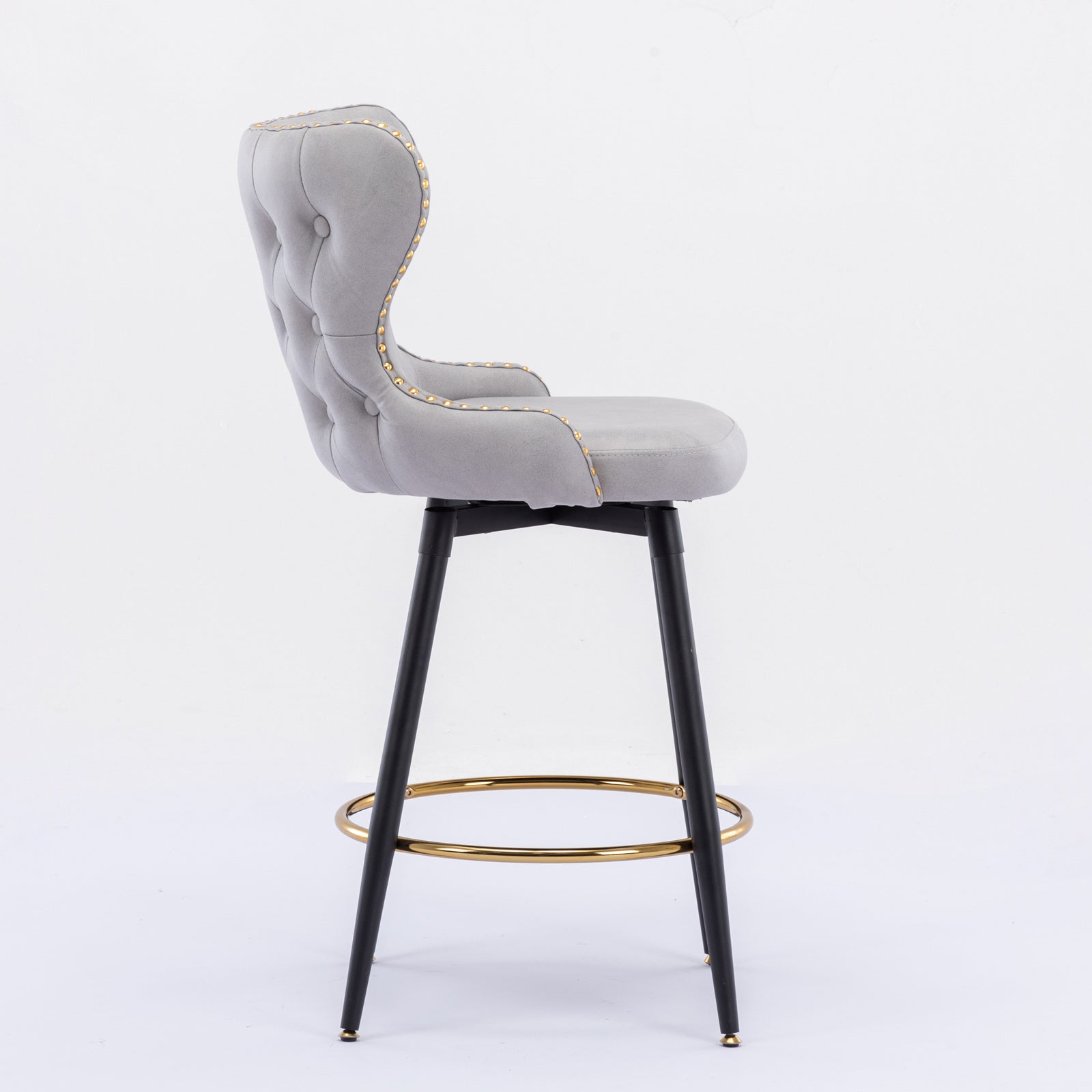 2pcs Gold Accent Bar Stools Tufted Fabric Upholstery with Nailhead Lining and Metal Legs- Light Gray_4