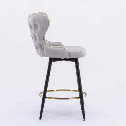 2pcs Gold Accent Bar Stools Tufted Fabric Upholstery with Nailhead Lining and Metal Legs- Light Gray_4