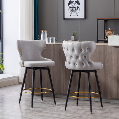 2pcs Gold Accent Bar Stools Tufted Fabric Upholstery with Nailhead Lining and Metal Legs- Light Gray_14