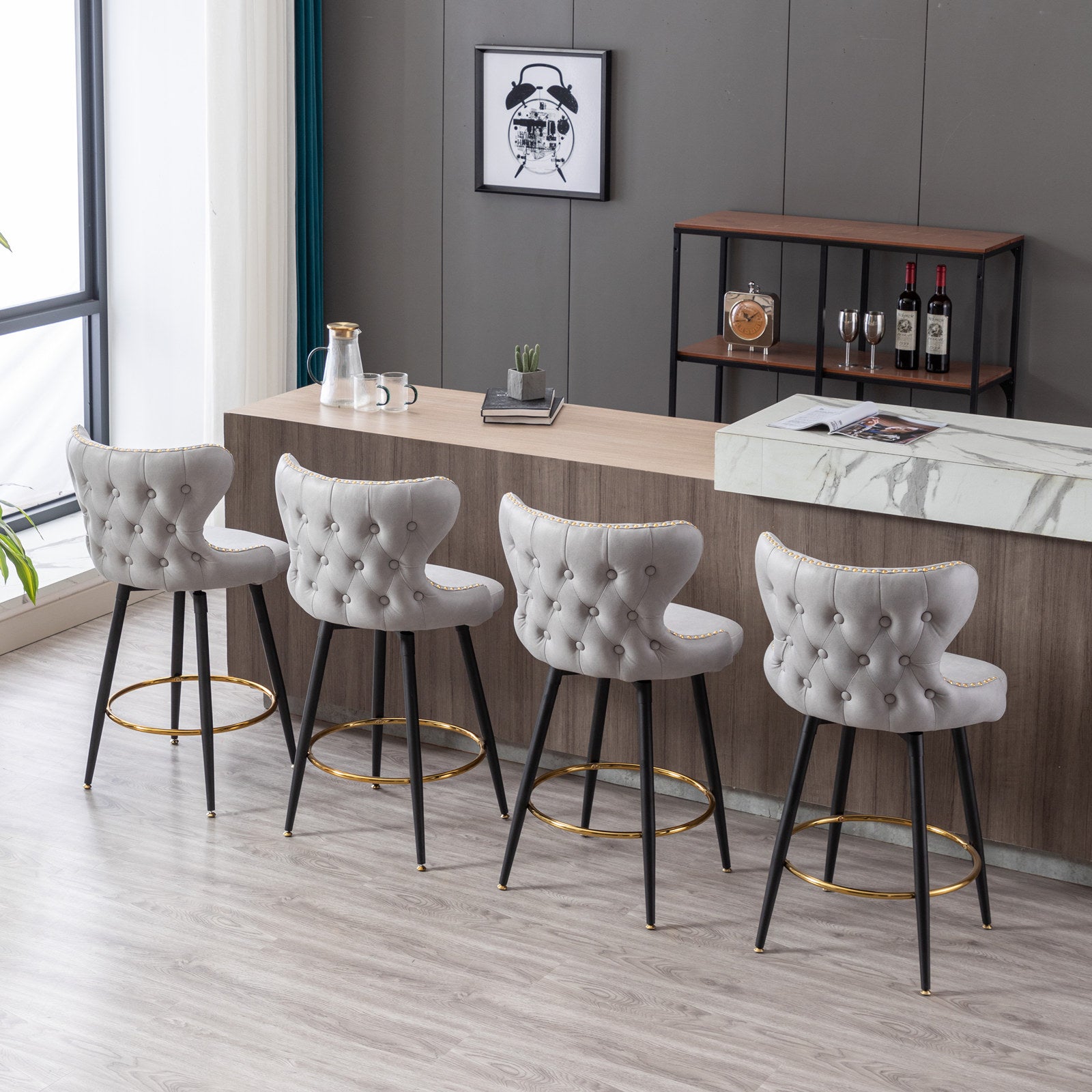 2pcs Gold Accent Bar Stools Tufted Fabric Upholstery with Nailhead Lining and Metal Legs- Light Gray_16