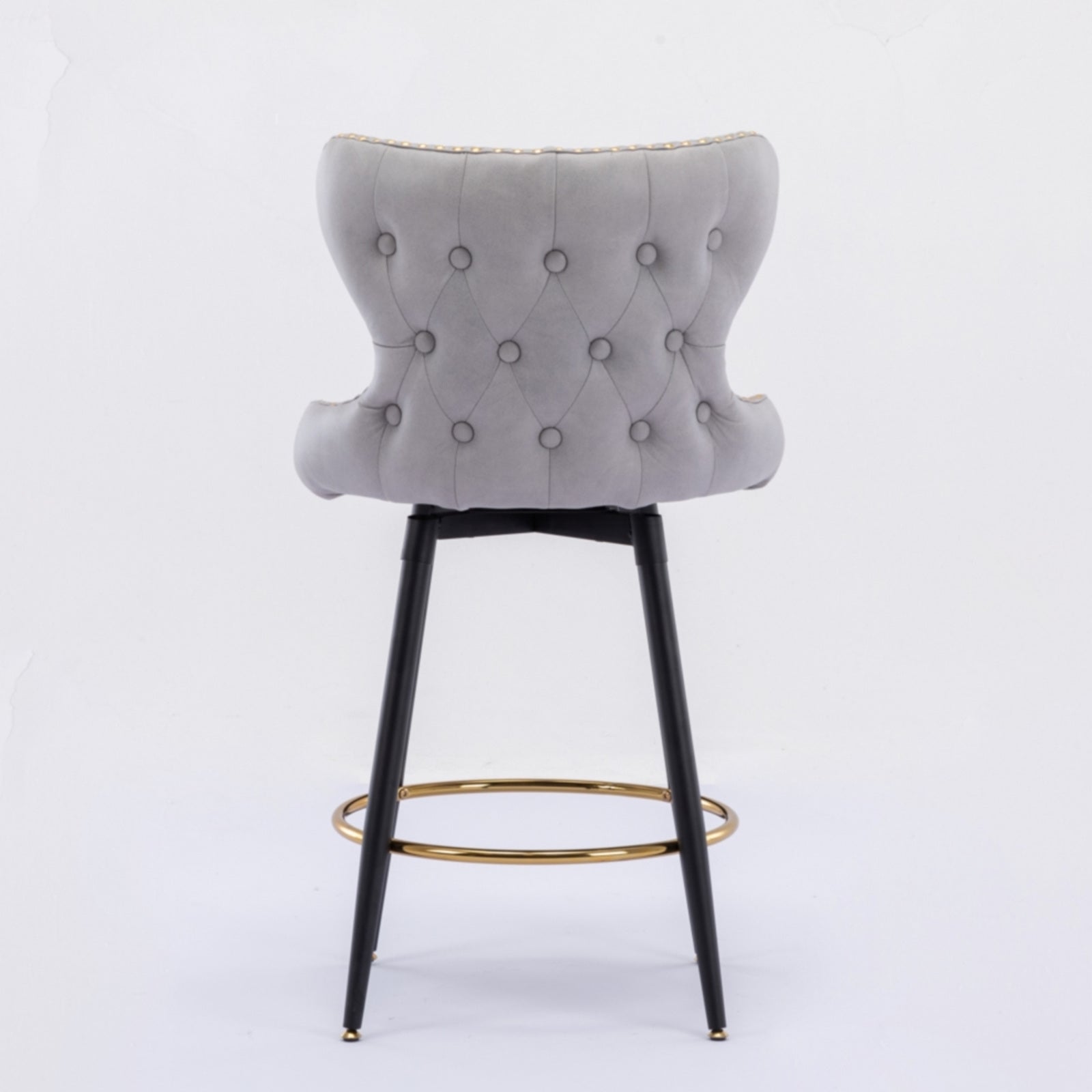 2pcs Gold Accent Bar Stools Tufted Fabric Upholstery with Nailhead Lining and Metal Legs- Light Gray_6