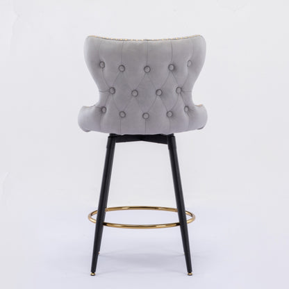 2pcs Gold Accent Bar Stools Tufted Fabric Upholstery with Nailhead Lining and Metal Legs- Light Gray_6