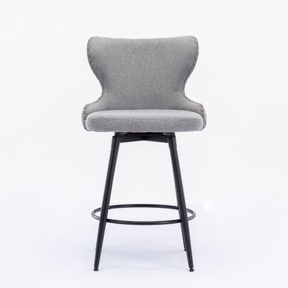 2pcs Gold Accent Bar Stools Tufted Fabric Upholstery with Nailhead and Black Legs- Gray_9