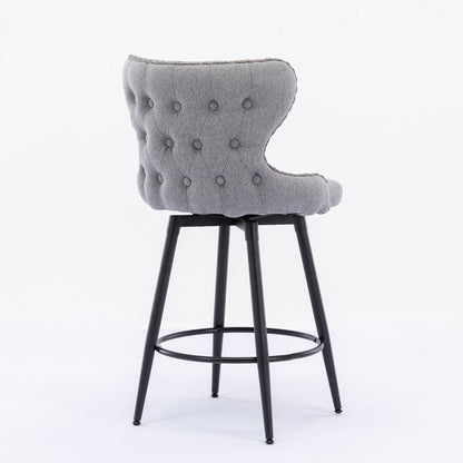 2pcs Gold Accent Bar Stools Tufted Fabric Upholstery with Nailhead and Black Legs- Gray_12