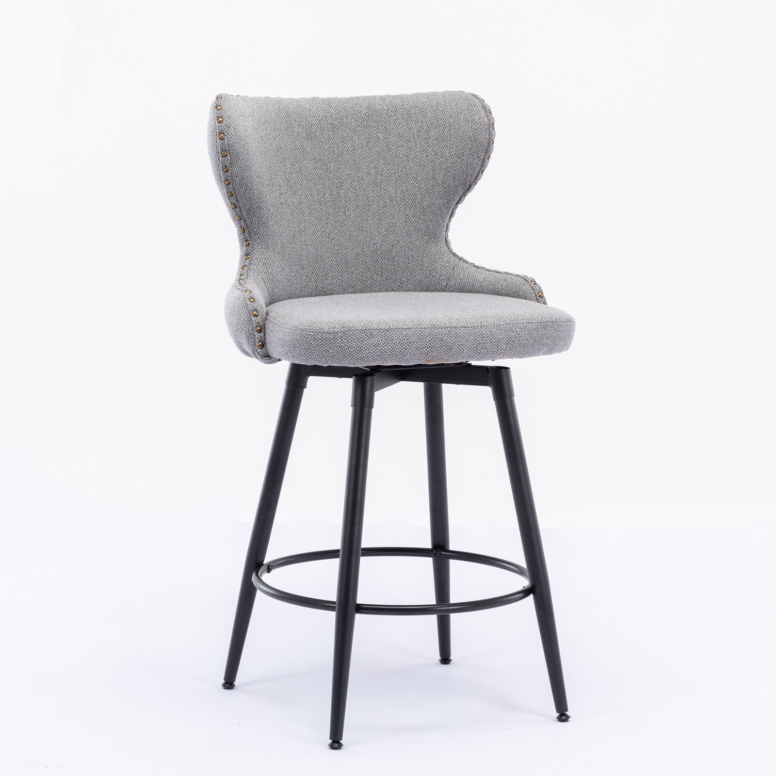 2pcs Gold Accent Bar Stools Tufted Fabric Upholstery with Nailhead and Black Legs- Gray_10