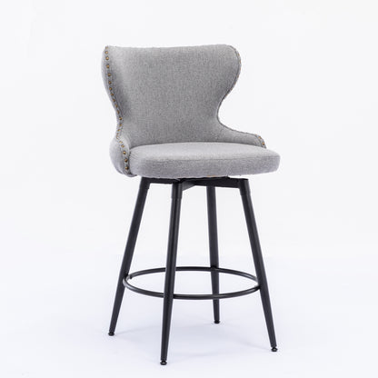 2pcs Gold Accent Bar Stools Tufted Fabric Upholstery with Nailhead and Black Legs- Gray_10