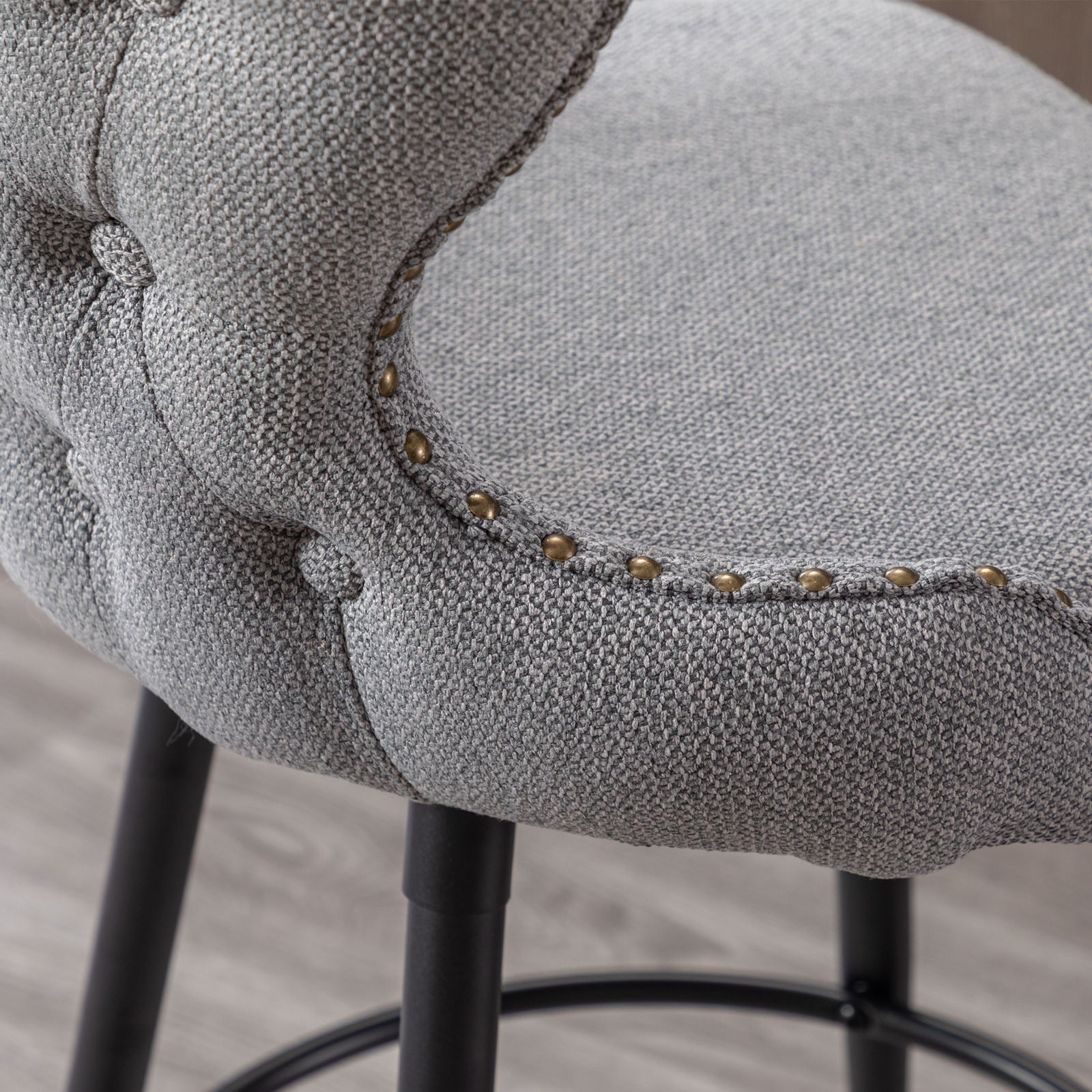 2pcs Gold Accent Bar Stools Tufted Fabric Upholstery with Nailhead and Black Legs- Gray_8